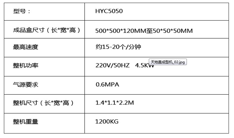 皇盈天地蓋成型機參數(shù)